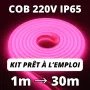Ruban LED COB couleur rose. Kit 220V complet de 1 à 50 mètres d'un seul tenant.