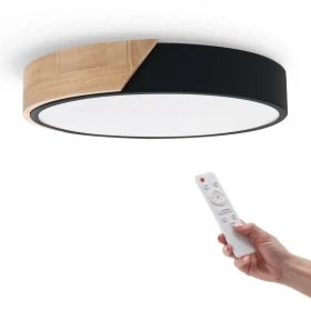 Plafonnier LED CCT rond noir hêtre 24W télécommande | Boutique LED