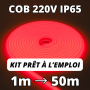 Ruban LED COB rouge IP65, kit 220V pour usage intérieur et extérieur.