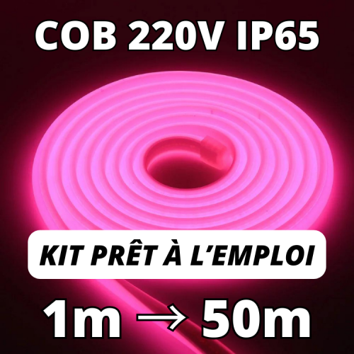 Ruban LED COB couleur rose. Kit 220V complet de 1 à 50 mètres d'un seul tenant.